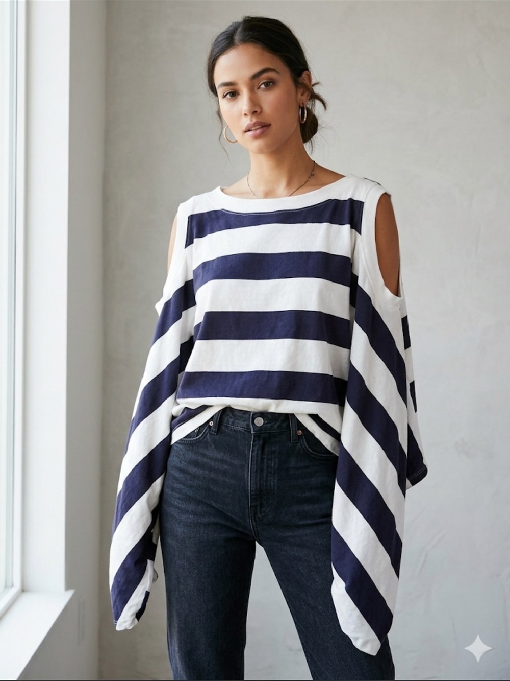 Anthropologie Navy and White Striped Cold-Shoulder Tunic